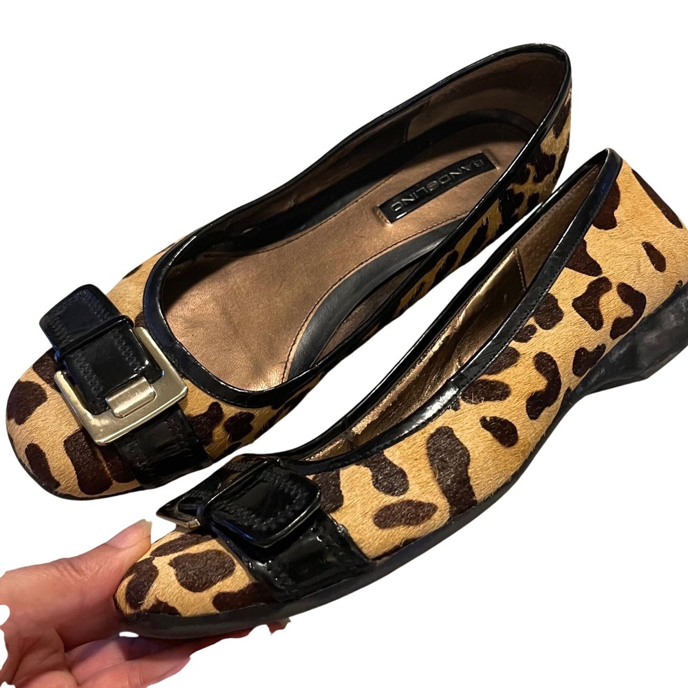Bandolino Leopard Calf Hair Ballet Flats Womens 9 Brown‎ Buckle Square Toe Wedge
